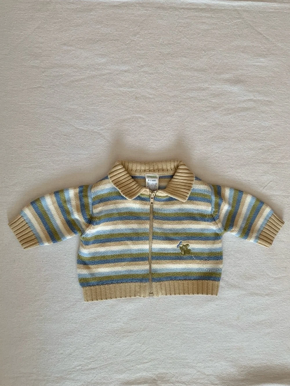 2002 Gymboree 100% Cotton Blue & Green Embroidered Airplane Knit Sweater 0-3M